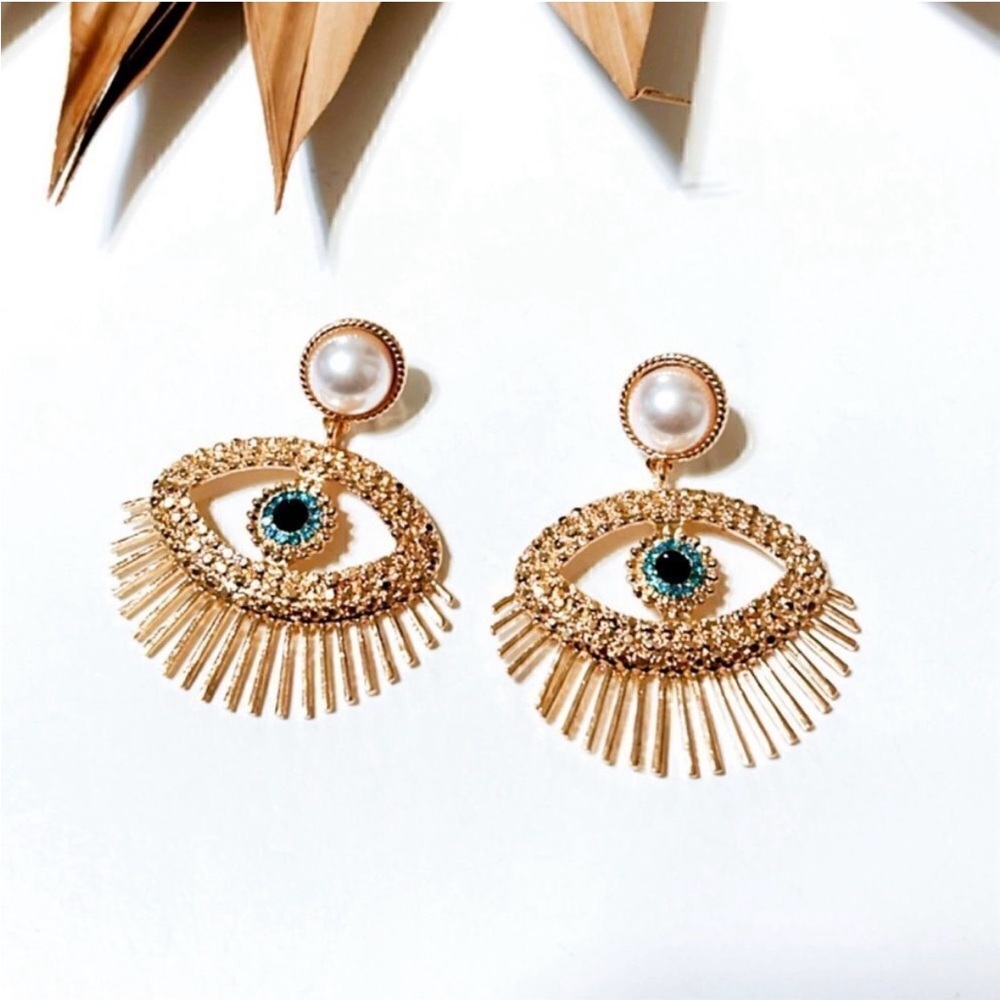 Anthro Gold Evil Eye Fringe Earrings Pearl Stud Statement Boho Chic
